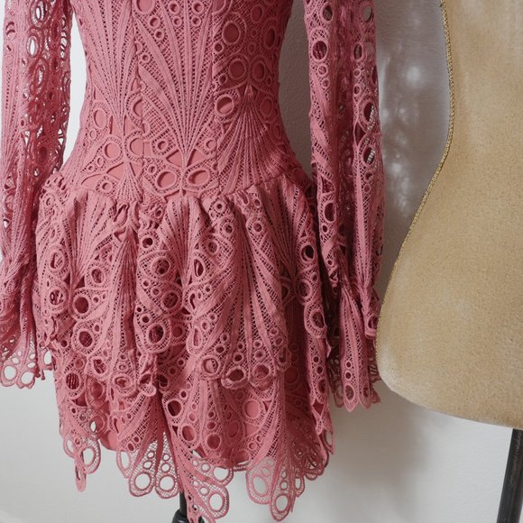L'ATISTE Dusty Rose Pink Lace Eyelet Ruffle MockNeck Victorian French Boho Dress - Picture 15 of 16